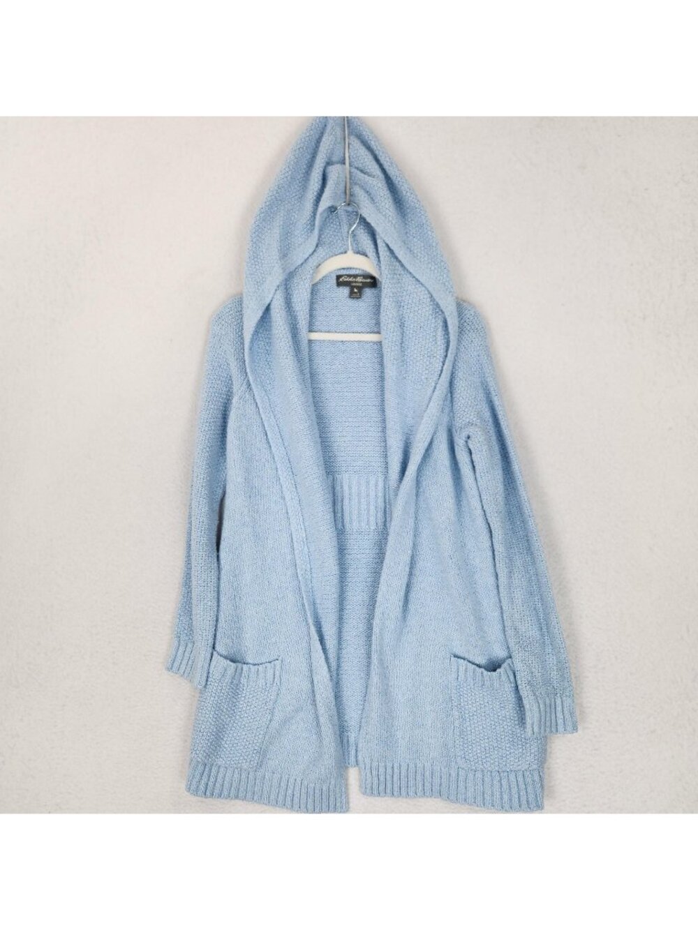 Eddie Bauer Sweater Womens Small Blue Hooded Open Front Pockets Long Cardigan